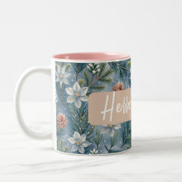 Caneca De Café Em Dois Tons Hello Winter Pines & Flowers