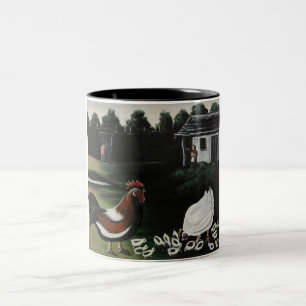 Caneca De Café Em Dois Tons Hen com seus Pintinhos em uma paisagem rural