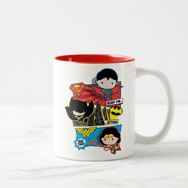 Caneca De Café Em Dois Tons Heróis Chibi Prontos Para Ação! (Direita)