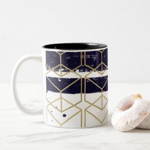 Caneca De Café Em Dois Tons Hexágono Moderno Glam Geométrico Azul Naval Dourad