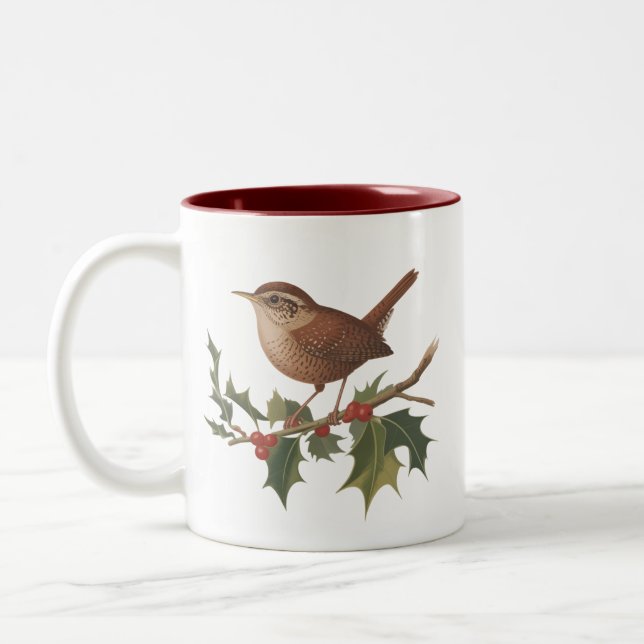Caneca De Café Em Dois Tons Holiday Bird Wren on Holly Branch Christmas Nature (Esquerda)