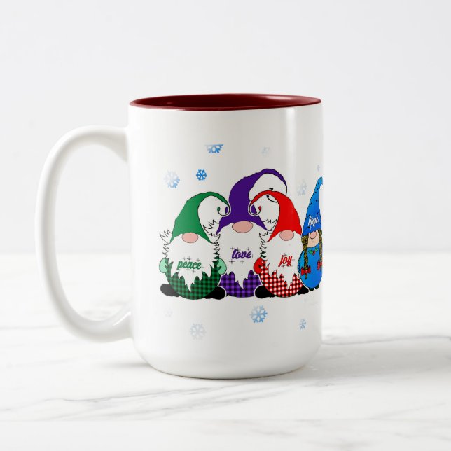 Caneca De Café Em Dois Tons Holiday Peace Love Joy Hope Gnomo Coffee Mug (Esquerda)
