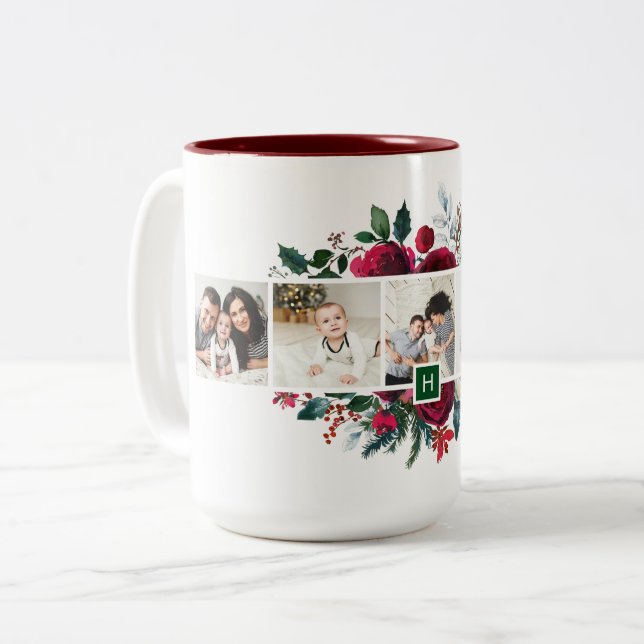 Caneca De Café Em Dois Tons Holly e Pine 5 Photo Collage Monograma Natal (Frente Esquerda)