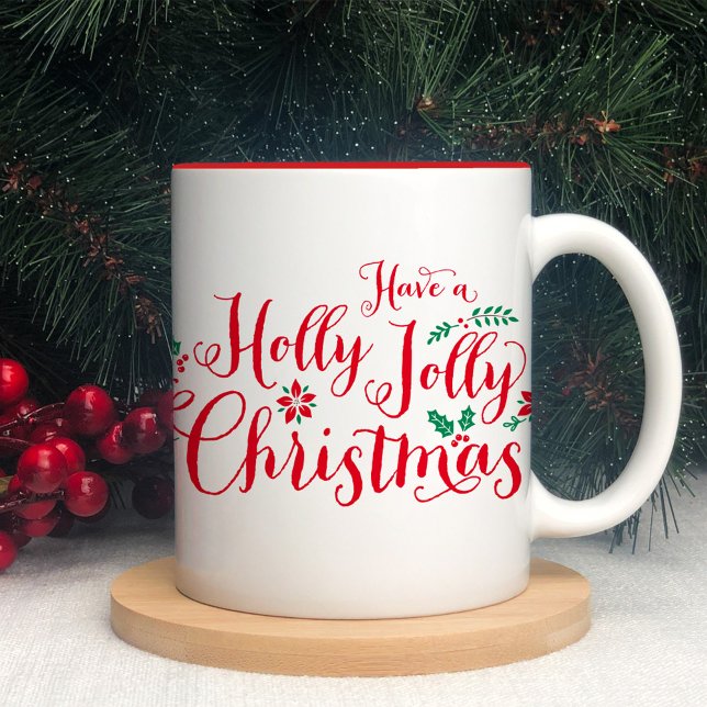 Caneca De Café Em Dois Tons Holly Jolly Natal Red Script Holiday (Criador carregado)