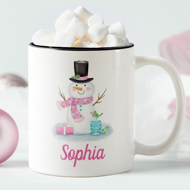 Caneca De Café Em Dois Tons Homem de neve rosa-rosa personalizado (Personalize this cute pink snowman mug with your name. So fun for christmas!)