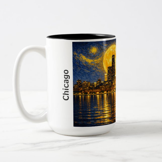 Caneca De Café Em Dois Tons Horizonte de Chicago Noite Estrelada (Esquerda)