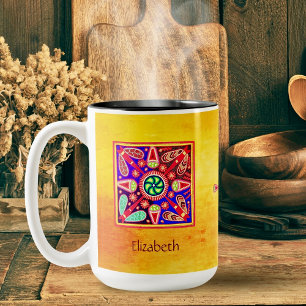 Caneca De Café Em Dois Tons Huichol Mexicano Art Bohemian Colorful