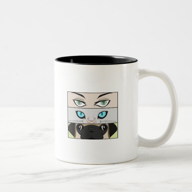 Caneca De Café Em Dois Tons Humano, Gato e Cão olhando para você (Direita)