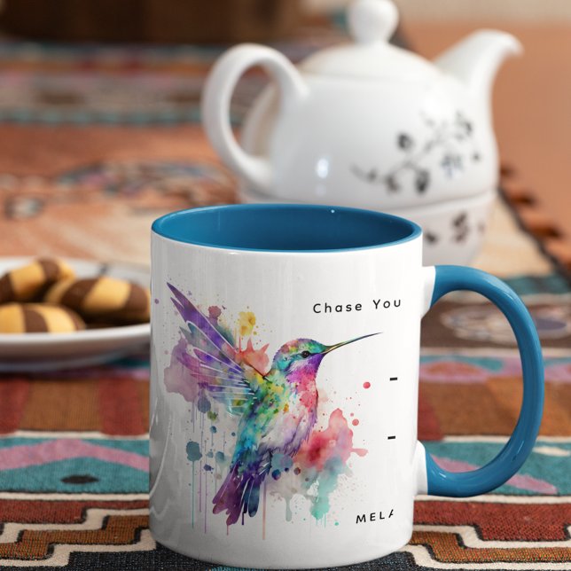 Caneca De Café Em Dois Tons Hummingbird monograma com aquarela com nome (Criador carregado)