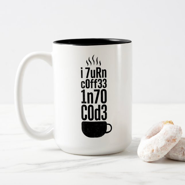 Caneca De Café Em Dois Tons Humor de Programador – Café em Código (Com Donut)