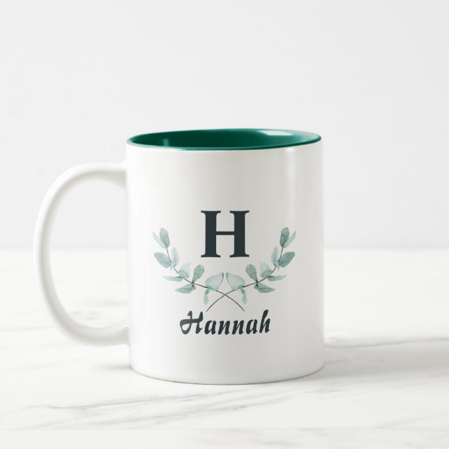 Caneca De Café Em Dois Tons Hunter Green Eucalyptus Leaf Monogrammed (Esquerda)