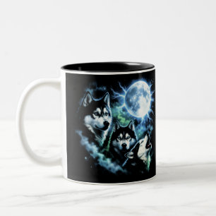 Caneca De Café Em Dois Tons Husky Siberiano Uivando para a Lua – Cachorro no C