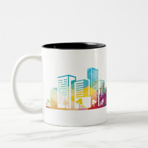 Caneca De Café Em Dois Tons ícone do edifício da paisagem urbana da silhueta