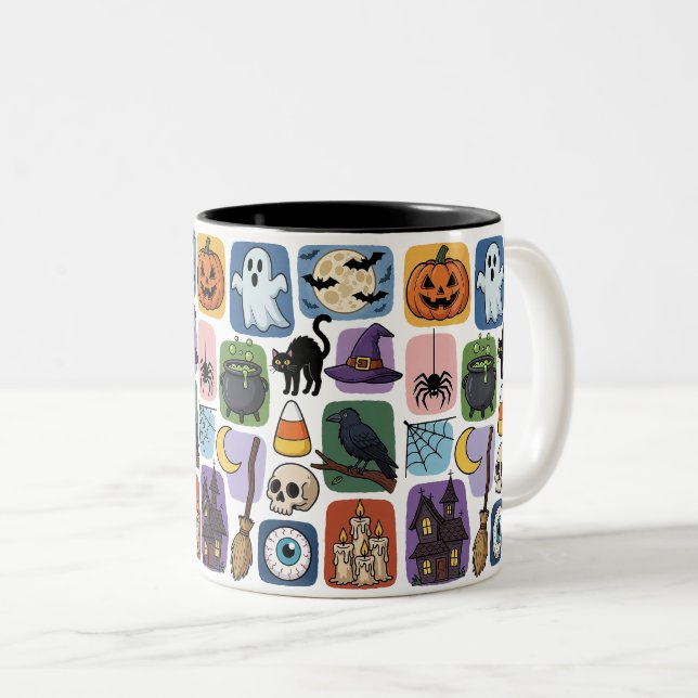 Caneca De Café Em Dois Tons Ícones Assustadores de Halloween Fofos (Frente Esquerda)