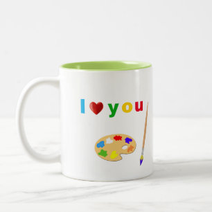 Caneca De Café Em Dois Tons Ícones de texto e arte multicolores artísticos em 