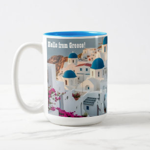 Caneca De Café Em Dois Tons Ilha grega de Santorini, abdome azul branca