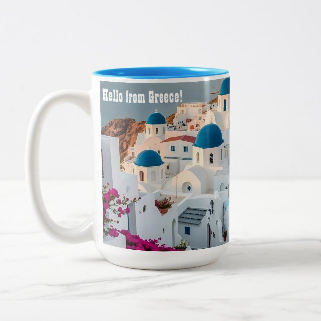 Caneca De Café Em Dois Tons Ilha grega de Santorini, abdome azul branca (Esquerda)