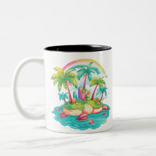 Caneca De Café Em Dois Tons Ilha Tropical com Palmeiras e Arco-Íris