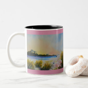 Caneca De Café Em Dois Tons Ilha Tropical de Flamingos Rosa