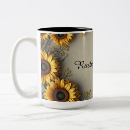 Caneca De Café Em Dois Tons Ilustração Botânica de Girassol Vintage