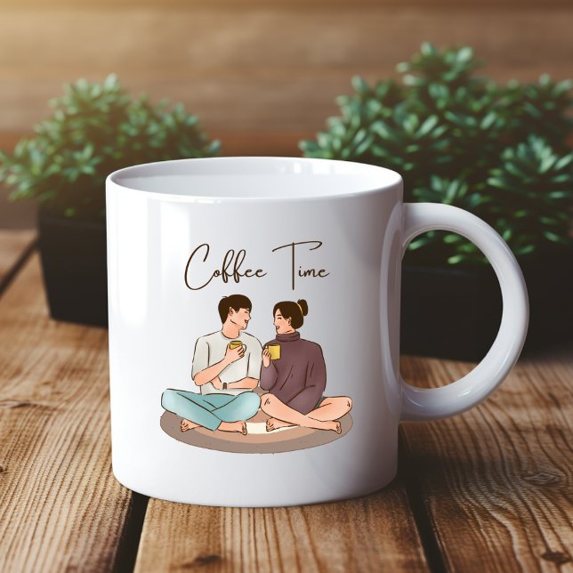 Caneca De Café Em Dois Tons Ilustração Castanha Horário do Café Casal Mug (Criador carregado)