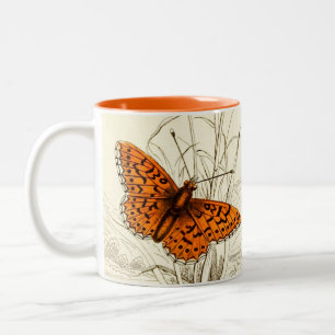 Caneca De Café Em Dois Tons Ilustração da Borboleta Vintage, Laranja e Castanh
