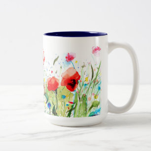 Caneca De Café Em Dois Tons Ilustração das Flores de Mola Coloridas