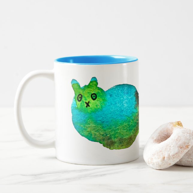 Caneca De Café Em Dois Tons Ilustração de arte de gato gordo azul (Com Donut)