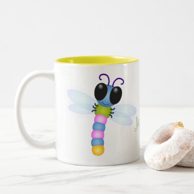 Caneca De Café Em Dois Tons Ilustração de desenho animado de libélula, azul e  (Com Donut)
