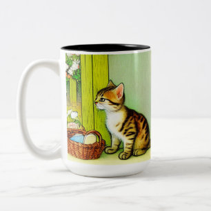 Caneca De Café Em Dois Tons Ilustração de Gato de Tabby de Vintage