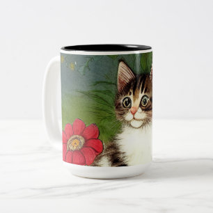 Caneca De Café Em Dois Tons Ilustração de Gato Vintage com Flores de Mola