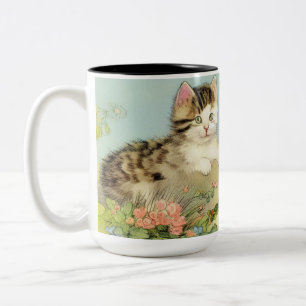 Caneca De Café Em Dois Tons Ilustração de Gato Vintage com Flores Rosa