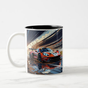 Caneca De Café Em Dois Tons Ilustração dinâmica do carro de corrida com lama d
