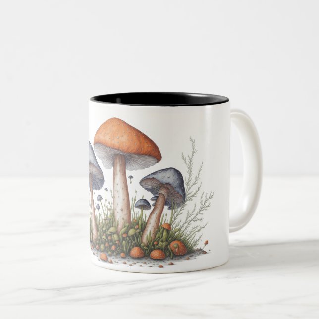 Caneca De Café Em Dois Tons Ilustração do estilo de aquarela dos Cogumelos (Frente Esquerda)