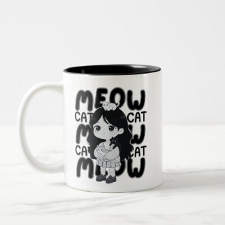 Caneca De Café Em Dois Tons Ilustração Estética de Garota Chibi Amante de Gato