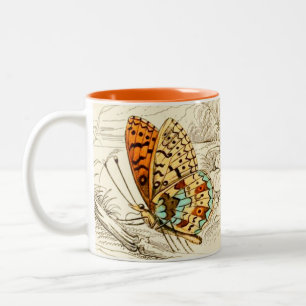 Caneca De Café Em Dois Tons Ilustração, laranja e bege da borboleta do vinta