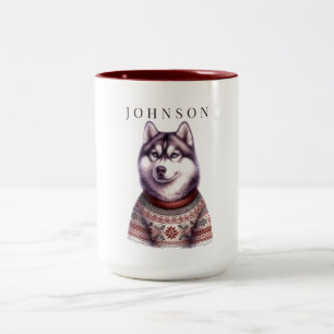 Caneca De Café Em Dois Tons Ilustração Minimalista Festiva Siberian Husky