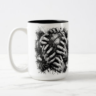 Caneca De Café Em Dois Tons Ilustração Orkney Dark Art Ink – Mãos que Agarram