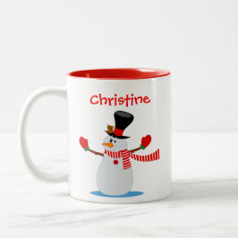 Caneca De Café Em Dois Tons Ilustração Snowman Personalizada, Vermelho e Branc