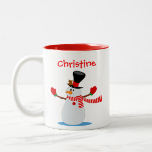 Caneca De Café Em Dois Tons Ilustração Snowman Personalizada, Vermelho e Branc