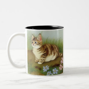 Caneca De Café Em Dois Tons Ilustração Vintage Kitten com Flores