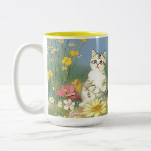 Caneca De Café Em Dois Tons Ilustração Vintage Kitten com Flores Amarelas