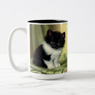 Caneca De Café Em Dois Tons Ilustração Vintage Tuxedo Kitten