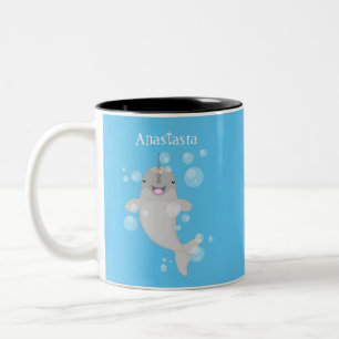 Caneca De Café Em Dois Tons Imagem de desenho animado de bolhas de narvais fel