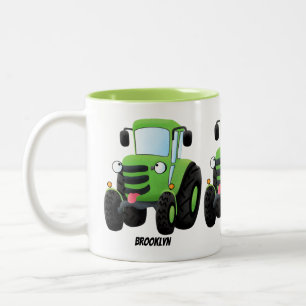 Caneca De Café Em Dois Tons Imagem de desenho animado de trator fazenda verde-