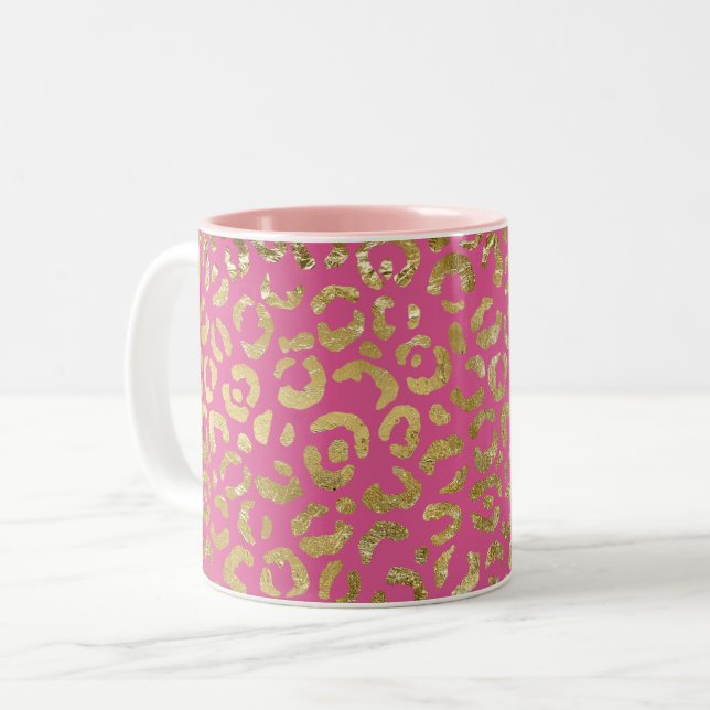 Caneca De Café Em Dois Tons Impressão de Glam Leopardo Dourado Rosa-Rosa (Frente Esquerda)