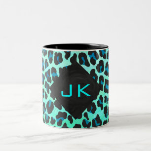 Caneca De Café Em Dois Tons Impressão de Leopardo Negro e Teal
