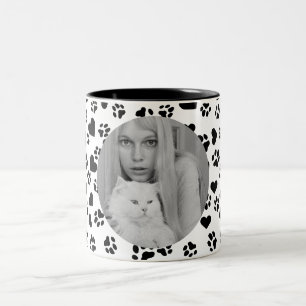 Caneca De Café Em Dois Tons Impressão de Pata Preta & Corações Foto Personaliz