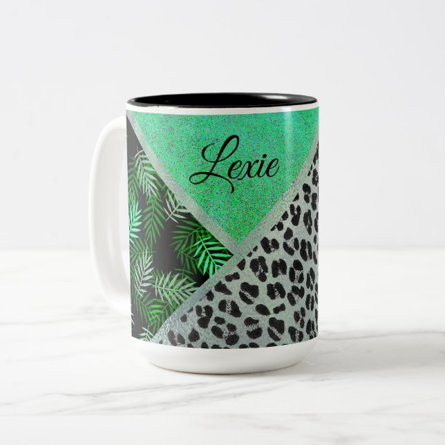 Caneca De Café Em Dois Tons Impressão Tropical Leopardo de Teal com Glittery (Frente Esquerda)