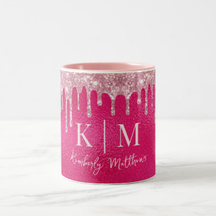 Caneca De Café Em Dois Tons Iniciais de Monograma Glamoroso Quente-Rosa